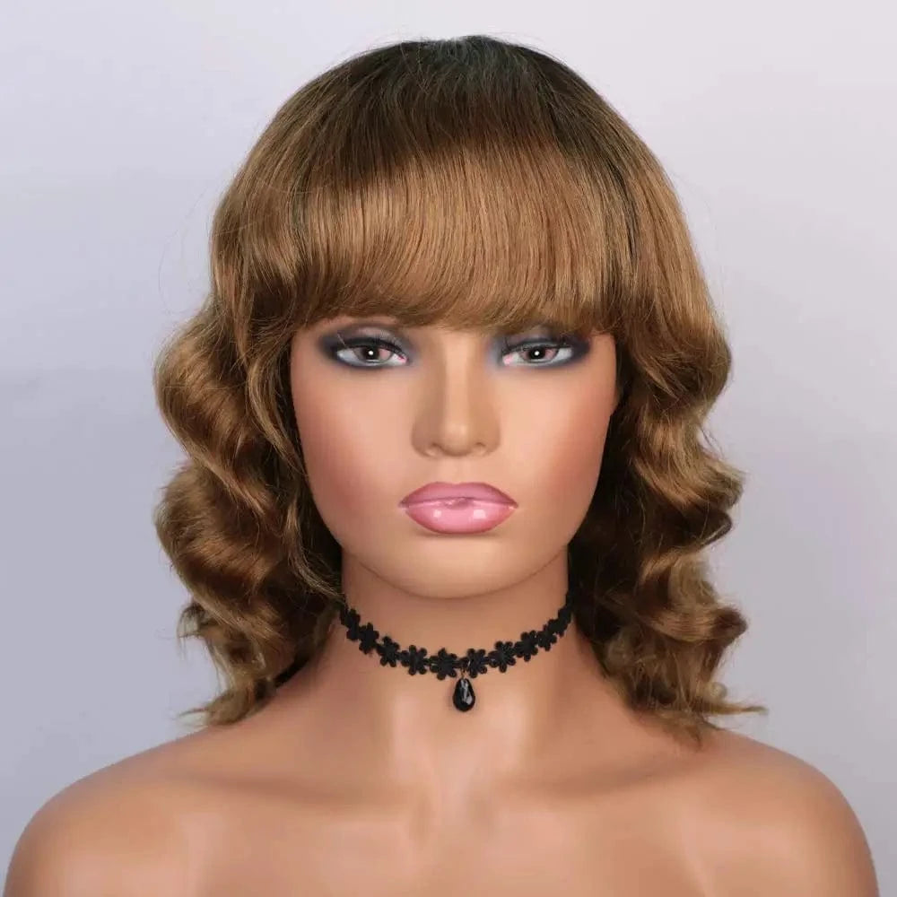 OT530 / Inquiry us for wholesale price Burgundy Red Wig with Bang, 100% Human Hair Wigs For Black Women, Full Machine Made Lace Front Wigs Short Wavy Human Hair Wig