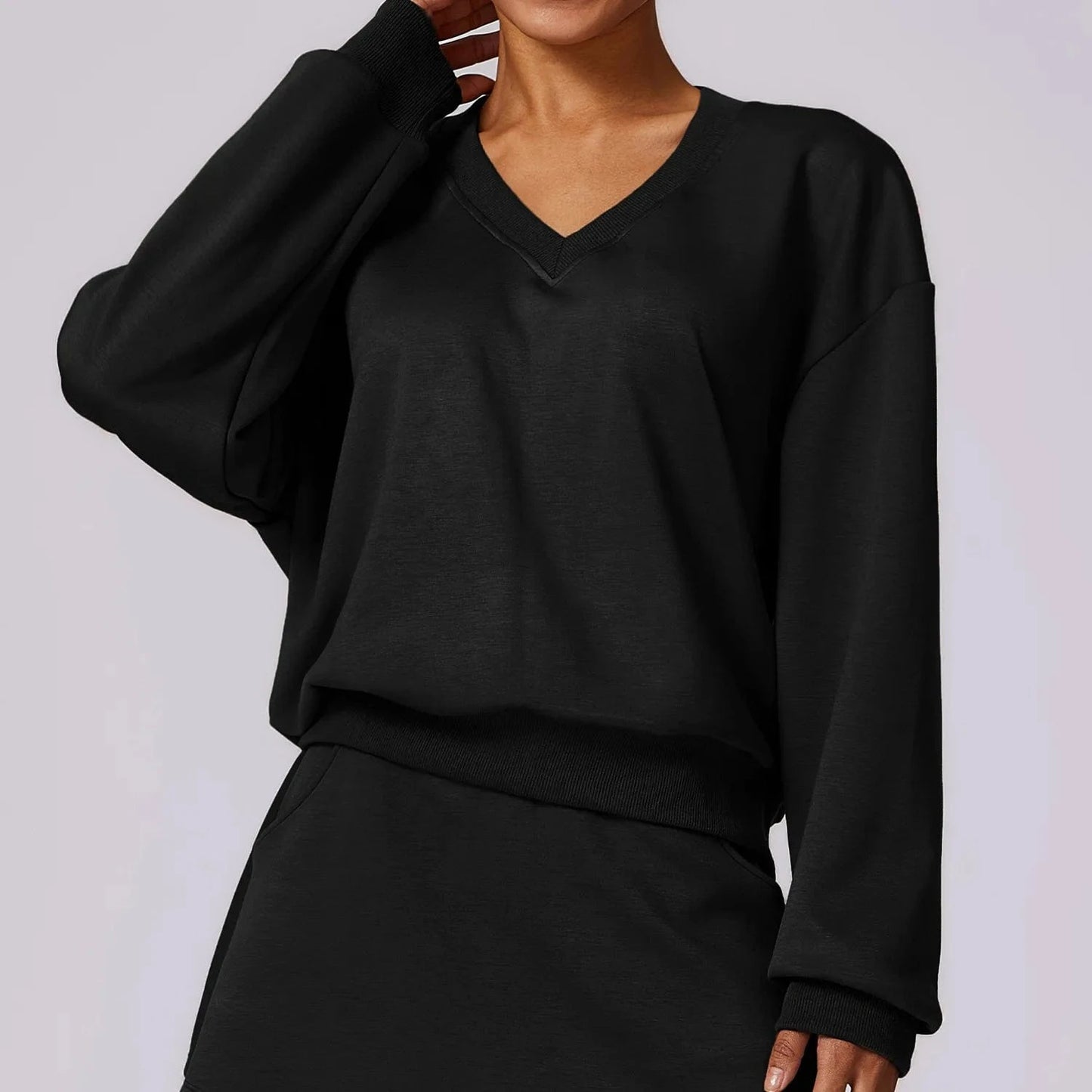 Other / L / long sleeves black 2024 Knitted Long Sleeve Sweatshirt Tennis Short Skirt 2 Piece Suits Loose Casual Sports Suit Gym Workout Yoga Set Fitness Women