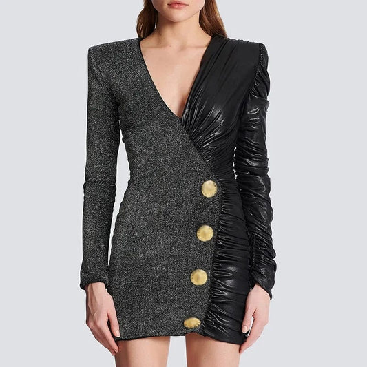 OUDINA 2024 Dress For Women V-neck Pleated Bodycon Elegant Patchwork PU Leather Knit Blazer Dresses Bodycon Dress Women