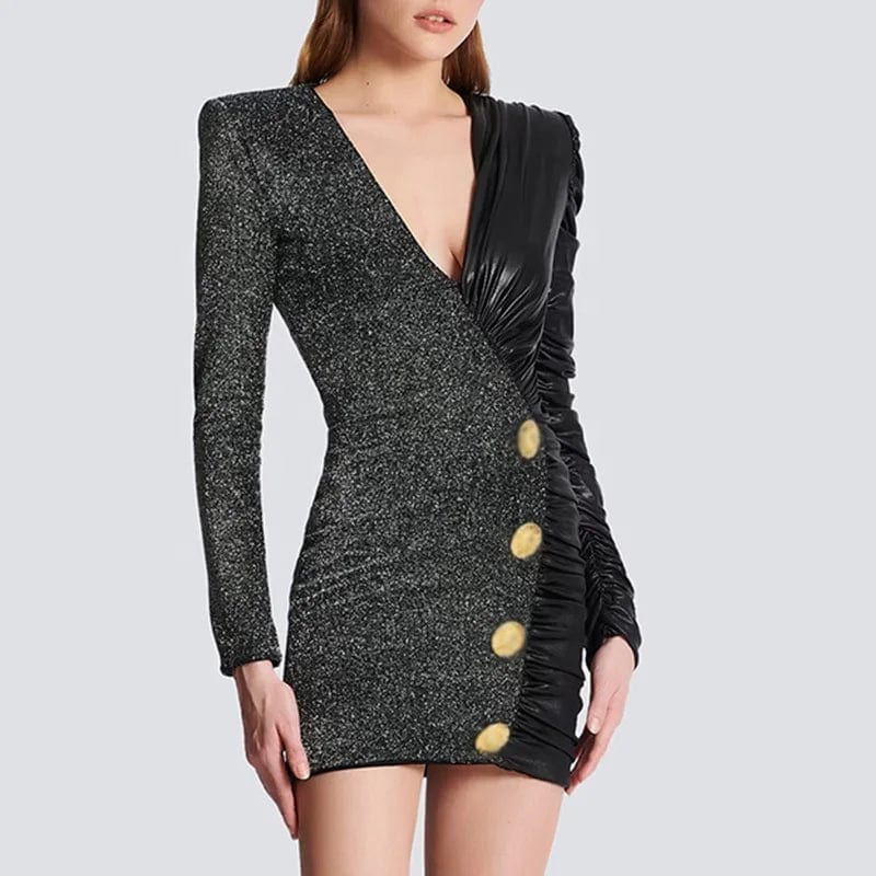 OUDINA 2024 Dress For Women V-neck Pleated Bodycon Elegant Patchwork PU Leather Knit Blazer Dresses Bodycon Dress Women