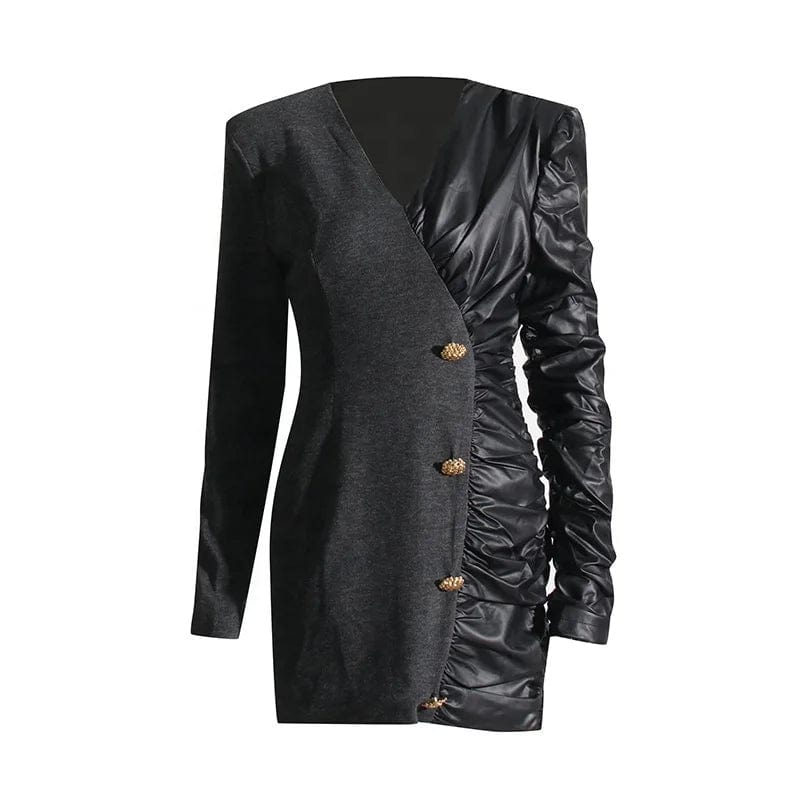 OUDINA 2024 Dress For Women V-neck Pleated Bodycon Elegant Patchwork PU Leather Knit Blazer Dresses Bodycon Dress Women