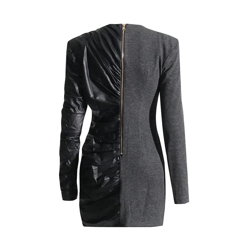 OUDINA 2024 Dress For Women V-neck Pleated Bodycon Elegant Patchwork PU Leather Knit Blazer Dresses Bodycon Dress Women