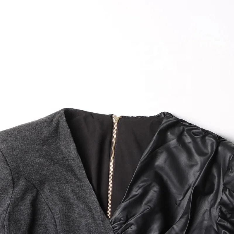 OUDINA 2024 Dress For Women V-neck Pleated Bodycon Elegant Patchwork PU Leather Knit Blazer Dresses Bodycon Dress Women