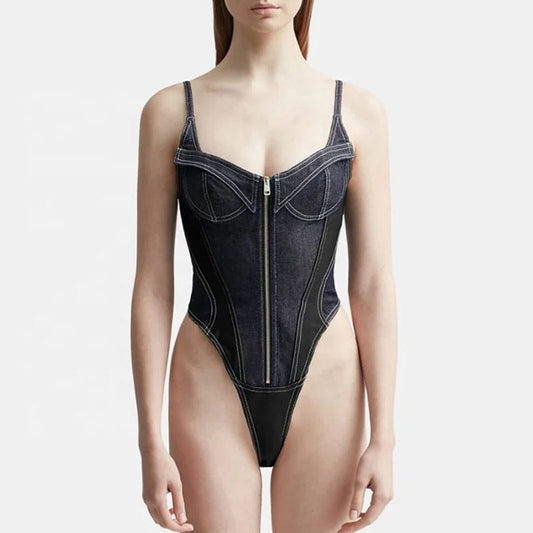 OUDINA 2024 Fashion Bodysuits For Women Square Collar Front Zipper Women's Denim Jumpsuit Womens Bodysuit