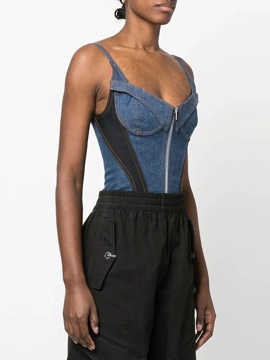 OUDINA 2024 Fashion Bodysuits For Women Square Collar Front Zipper Women's Denim Jumpsuit Womens Bodysuit