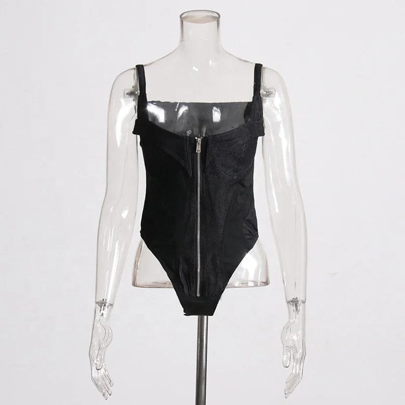 OUDINA 2024 Fashion Bodysuits For Women Square Collar Front Zipper Women's Denim Jumpsuit Womens Bodysuit