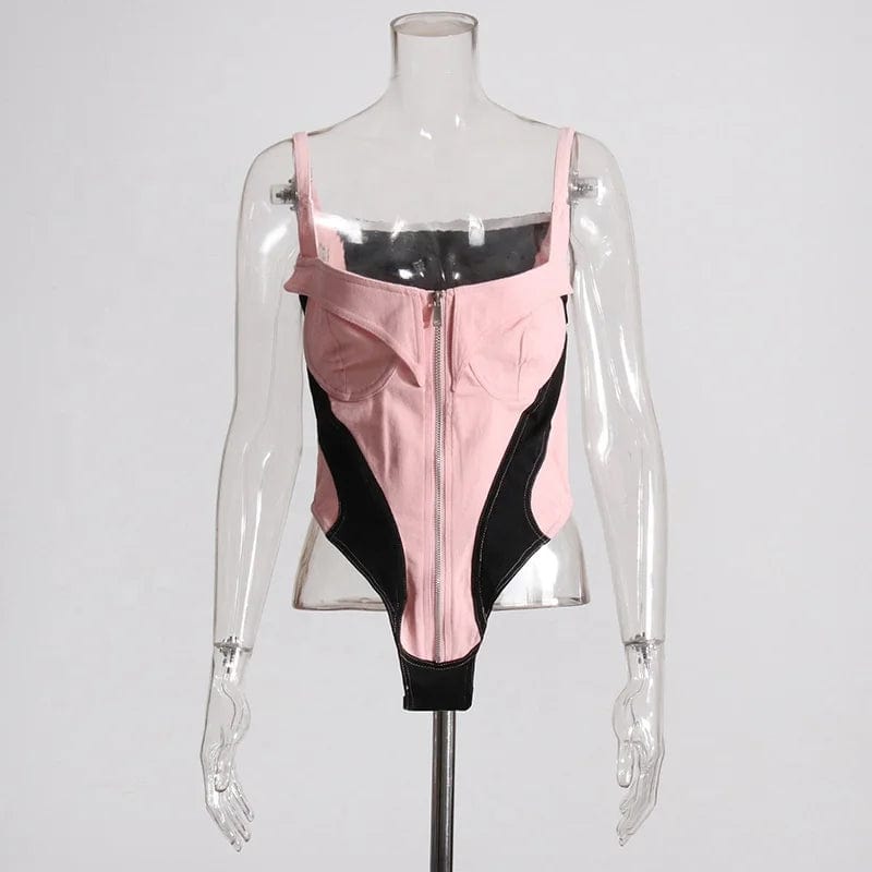 OUDINA 2024 Fashion Bodysuits For Women Square Collar Front Zipper Women's Denim Jumpsuit Womens Bodysuit