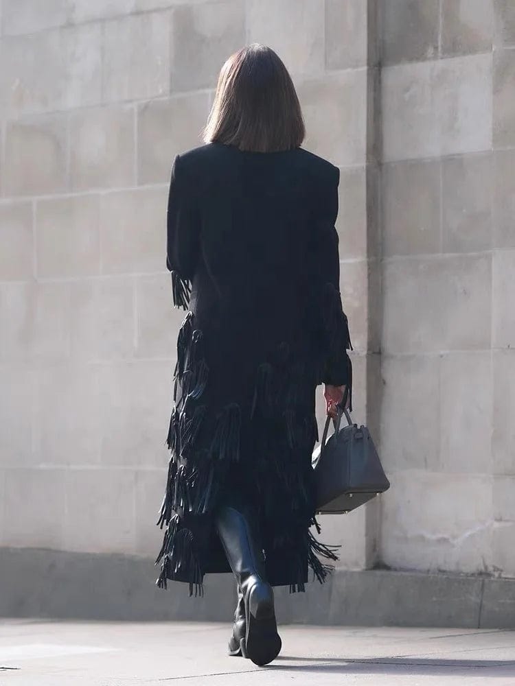 OUDINA 2024 Fashion Luxury Blazer Velvet Jackets Tassel Long Blazer Windbreaker Jacket Women