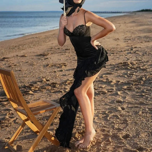 OUDINA 2024 Hotselling Ruffle Dress High Slit Tube Top Elegant Evening Pleated Lace Party Dress For Women