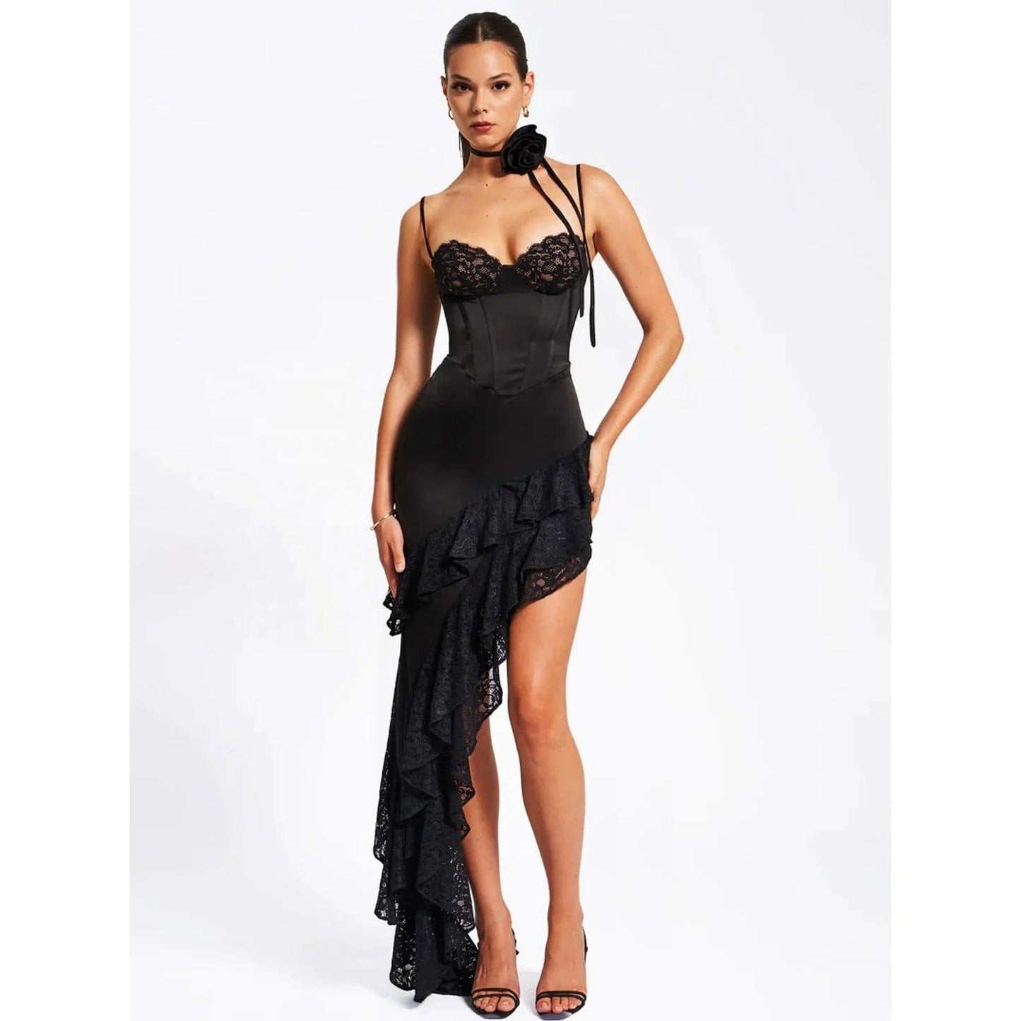 OUDINA 2024 Hotselling Ruffle Dress High Slit Tube Top Elegant Evening Pleated Lace Party Dress For Women