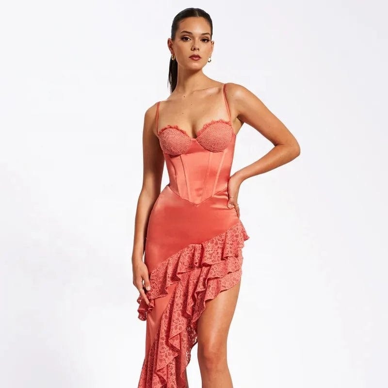 OUDINA 2024 Hotselling Ruffle Dress High Slit Tube Top Elegant Evening Pleated Lace Party Dress For Women