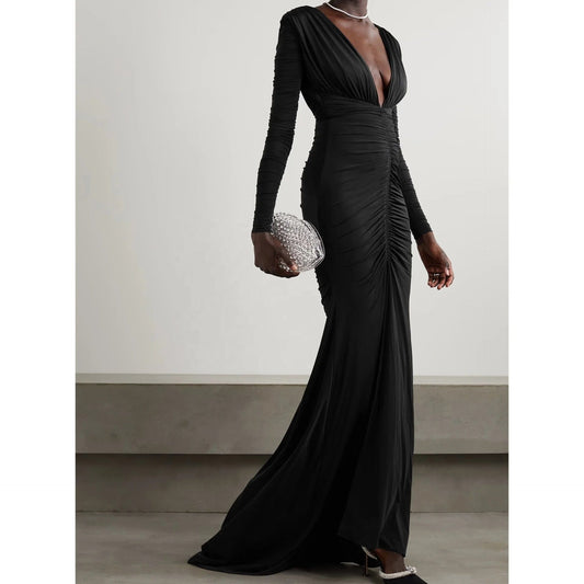 OUDINA 2024 Ladies Clothing Deep V Long Sleeve High Waist Backless Fishtail Formal Dress Evening Women Dresses Elegant