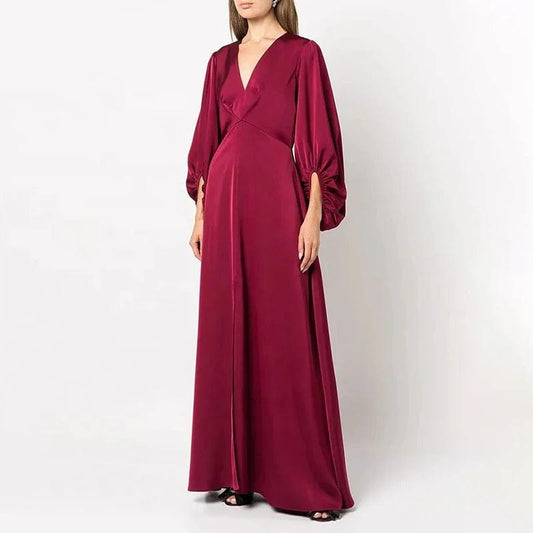 OUDINA 2024 New Arrivals Elegant Waist Pleated V-neck Puff Sleeve Women's Clothing Dress Long Casual Dresses