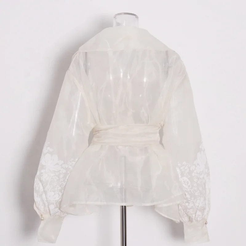 OUDINA 2024 New Chiffon Retro Style Suit Collar Puff Sleeves Shirt Lace-up Waist Blouses And Shirts For Women