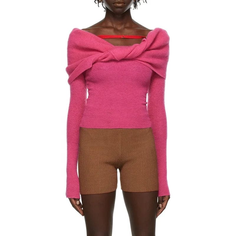 OUDINA 2024 New Elegant Knitted Top Twist Slimming Solid Color Long-sleeved One Shoulder Tops For Women