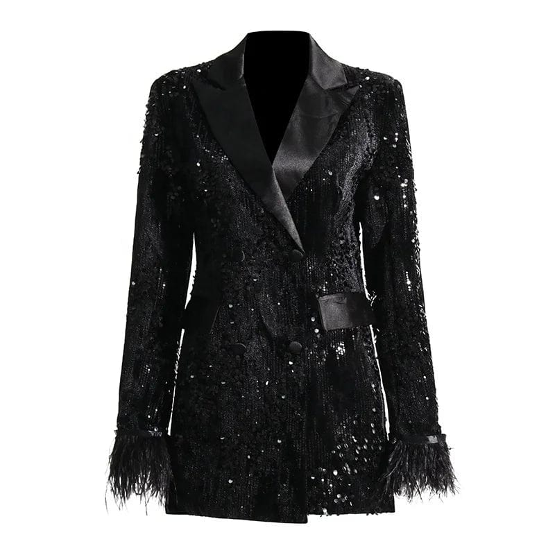 OUDINA 2024 New Fashion Light Luxury Sequin Blazer Women Style Slim Cuffs Fur Splicing Women's Suits Blazers