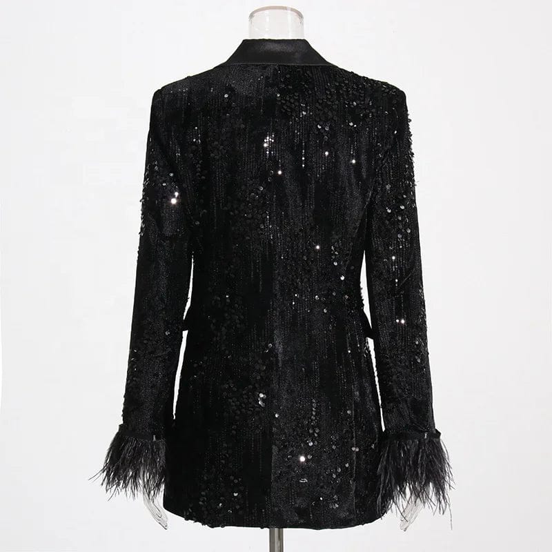 OUDINA 2024 New Fashion Light Luxury Sequin Blazer Women Style Slim Cuffs Fur Splicing Women's Suits Blazers