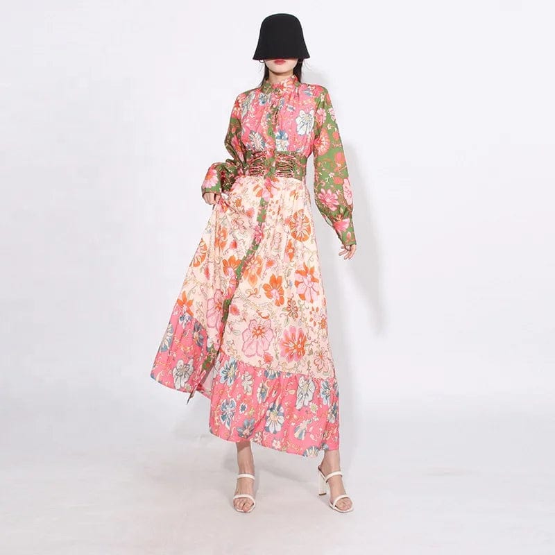 OUDINA 2024 New French Retro Printed Dress Lapel Single Breasted Waist Slimming Long Sleeve Maxi Long Dresses Women