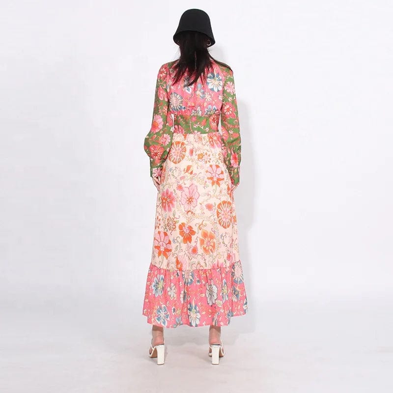 OUDINA 2024 New French Retro Printed Dress Lapel Single Breasted Waist Slimming Long Sleeve Maxi Long Dresses Women