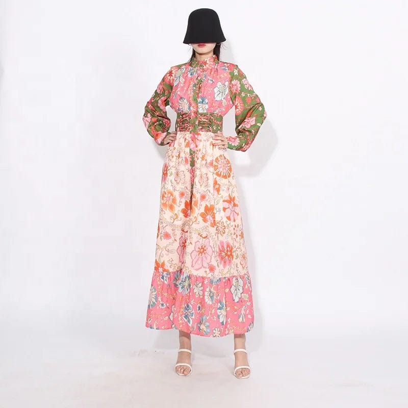OUDINA 2024 New French Retro Printed Dress Lapel Single Breasted Waist Slimming Long Sleeve Maxi Long Dresses Women