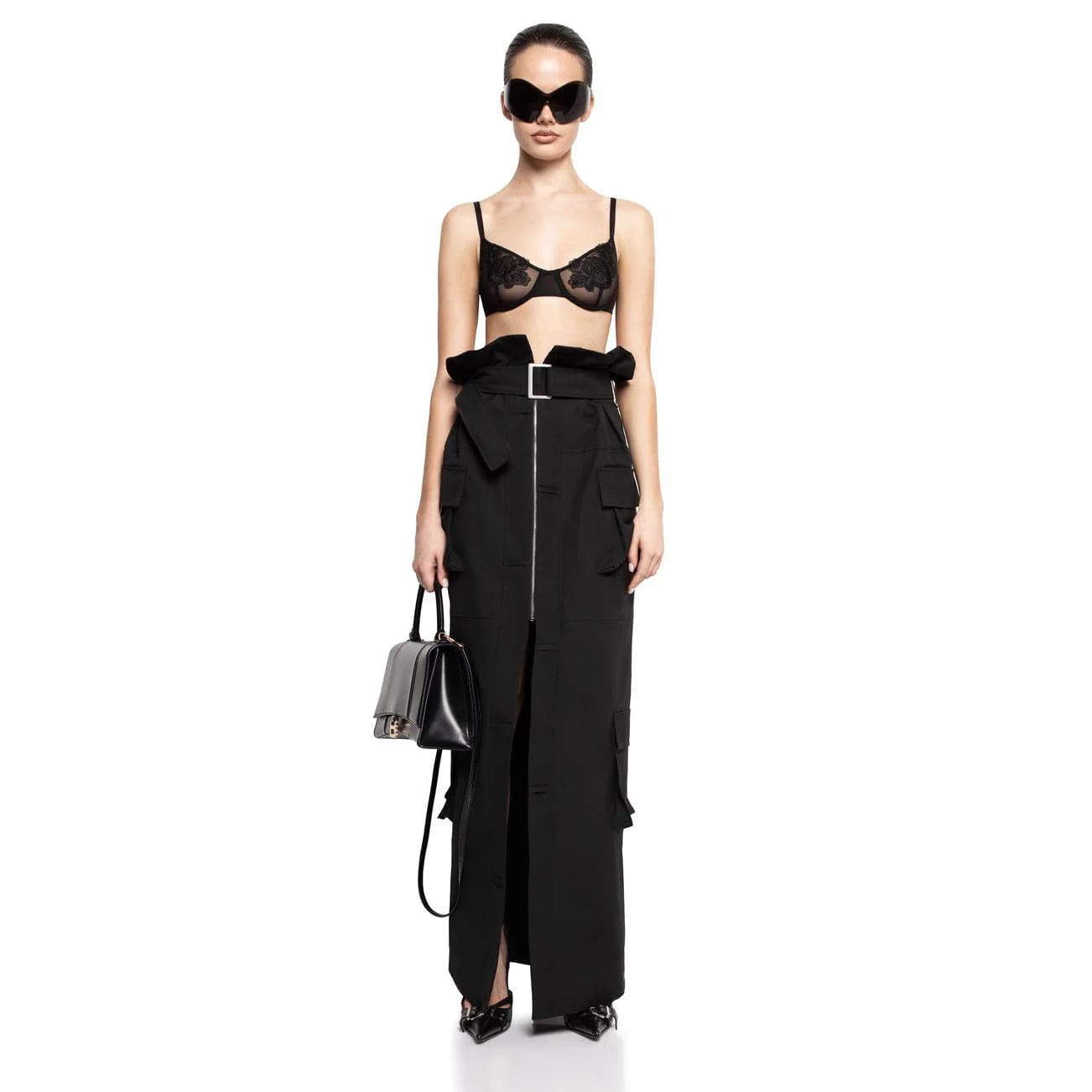 OUDINA 2024 New Hot Girl Cargo Denim Skirt Sexy Slit High Waist Belt Waist Versatile Unique Women's Long Skirt