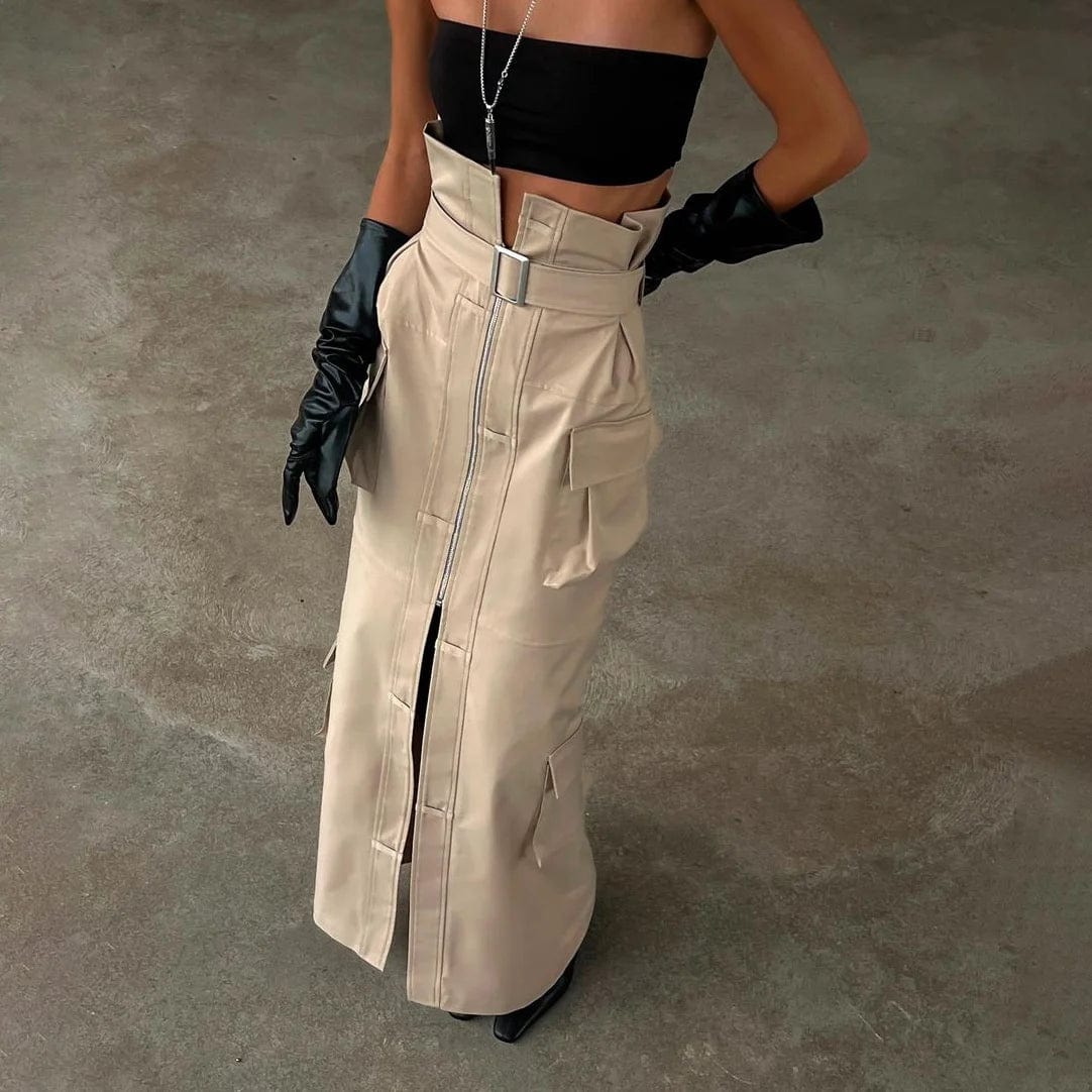 OUDINA 2024 New Hot Girl Cargo Denim Skirt Sexy Slit High Waist Belt Waist Versatile Unique Women's Long Skirt
