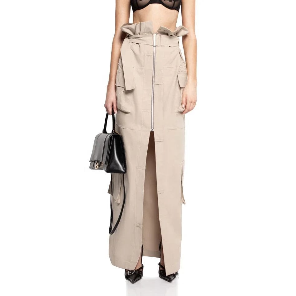 OUDINA 2024 New Hot Girl Cargo Denim Skirt Sexy Slit High Waist Belt Waist Versatile Unique Women's Long Skirt