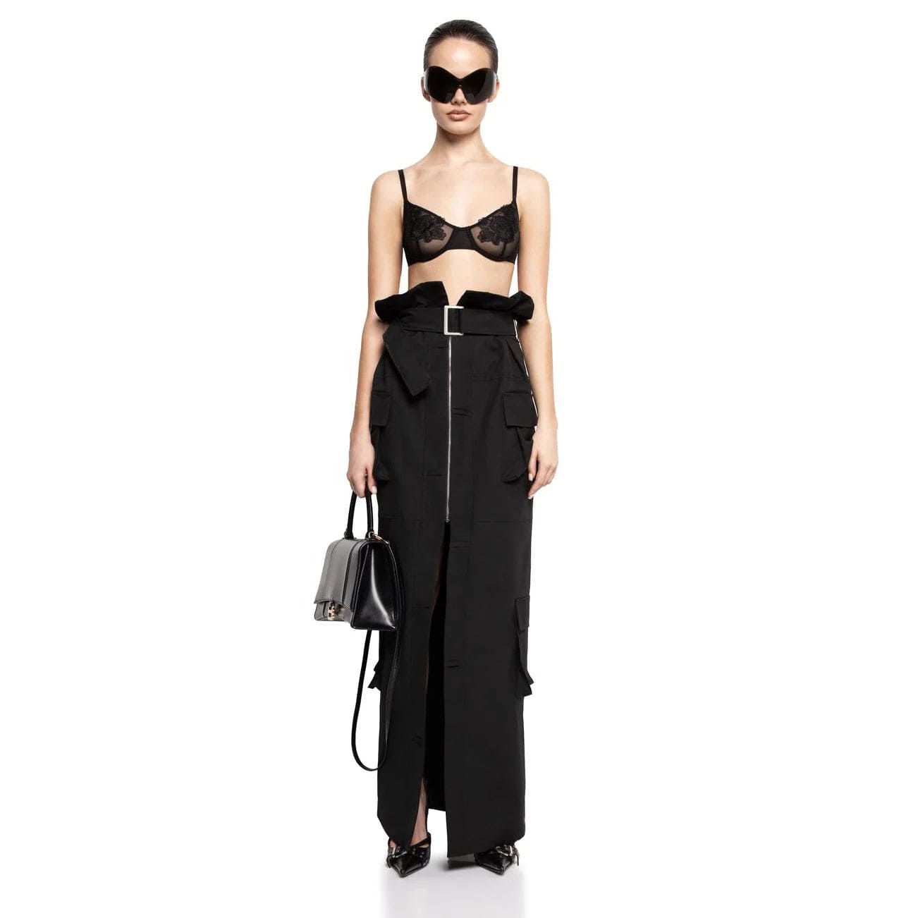 OUDINA 2024 New Hot Girl Cargo Denim Skirt Sexy Slit High Waist Belt Waist Versatile Unique Women's Long Skirt