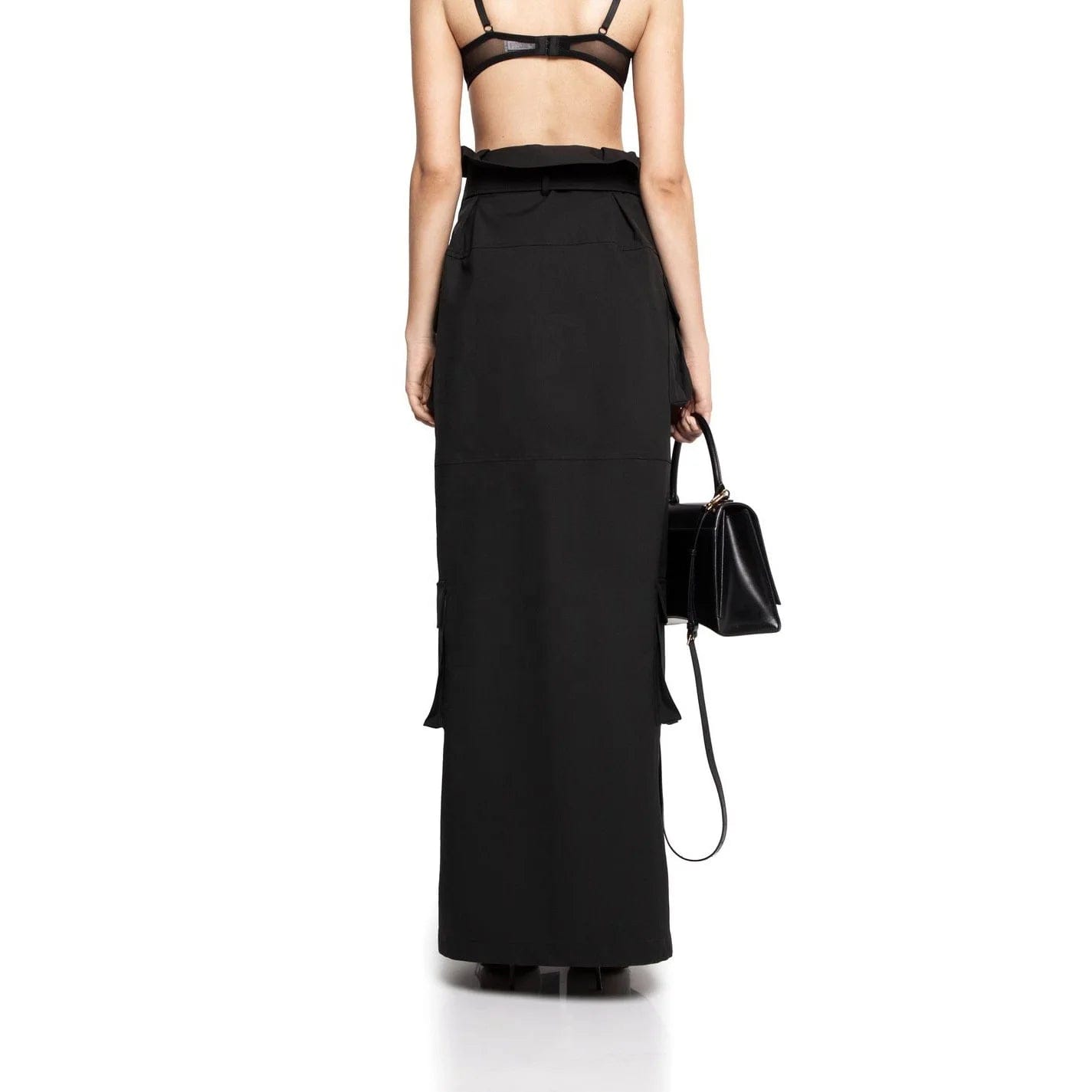 OUDINA 2024 New Hot Girl Cargo Denim Skirt Sexy Slit High Waist Belt Waist Versatile Unique Women's Long Skirt