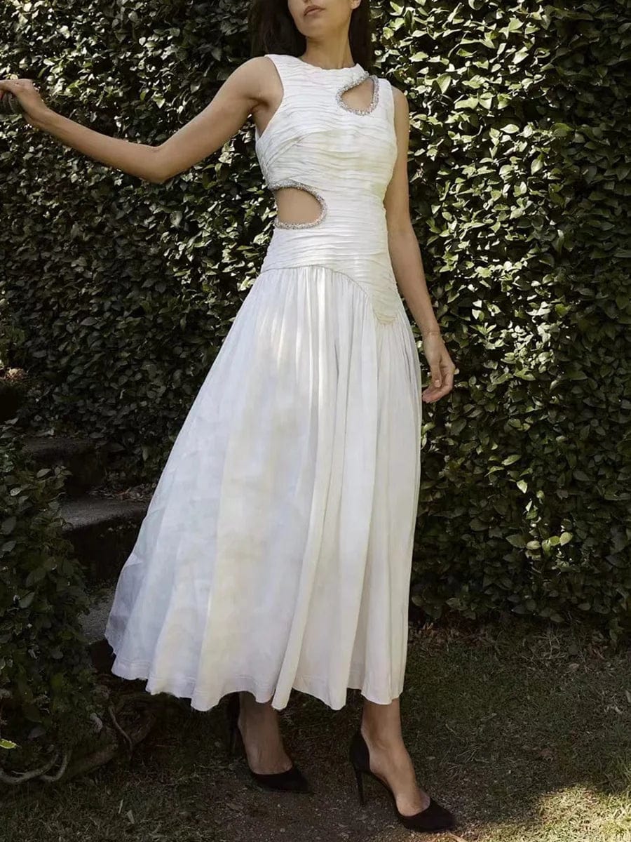 OUDINA 2024 New Spring French Round Neck Hollow Waist Long Pleated Dresses Elegant Women Casual Dress