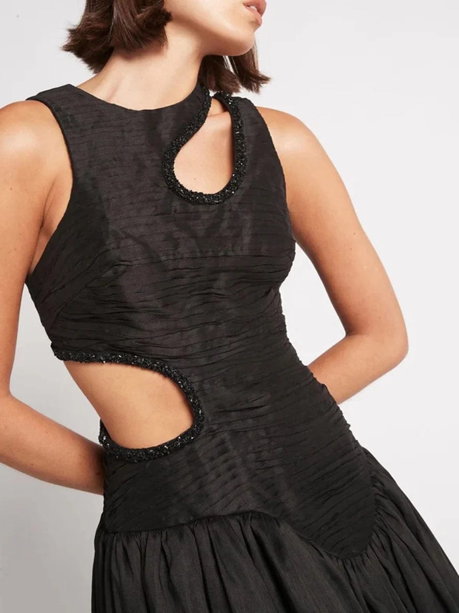 OUDINA 2024 New Spring French Round Neck Hollow Waist Long Pleated Dresses Elegant Women Casual Dress