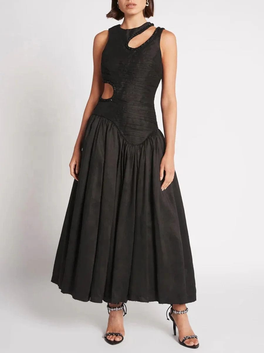 OUDINA 2024 New Spring French Round Neck Hollow Waist Long Pleated Dresses Elegant Women Casual Dress