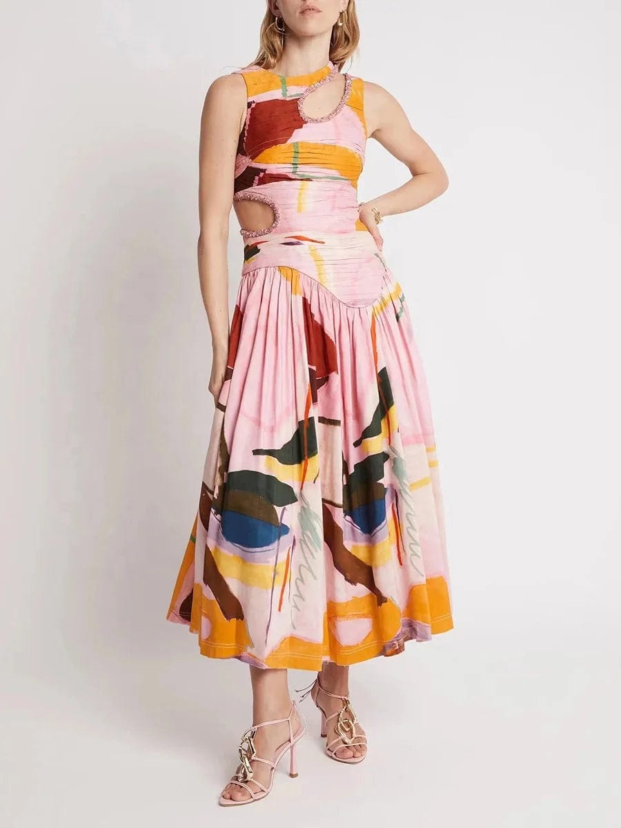 OUDINA 2024 New Spring French Round Neck Hollow Waist Long Pleated Dresses Elegant Women Casual Dress