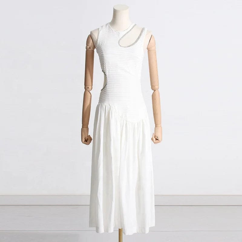 OUDINA 2024 New Spring French Round Neck Hollow Waist Long Pleated Dresses Elegant Women Casual Dress