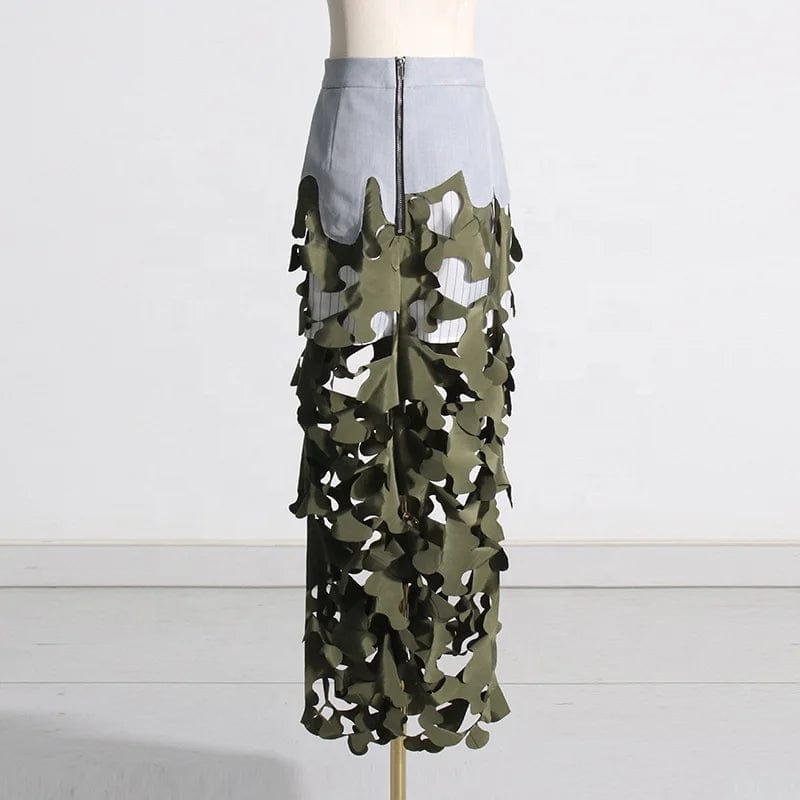 OUDINA 2024 New Streetwear Trend Army Green Irregular Hollow Patchwork Camo Women's Long Skirt