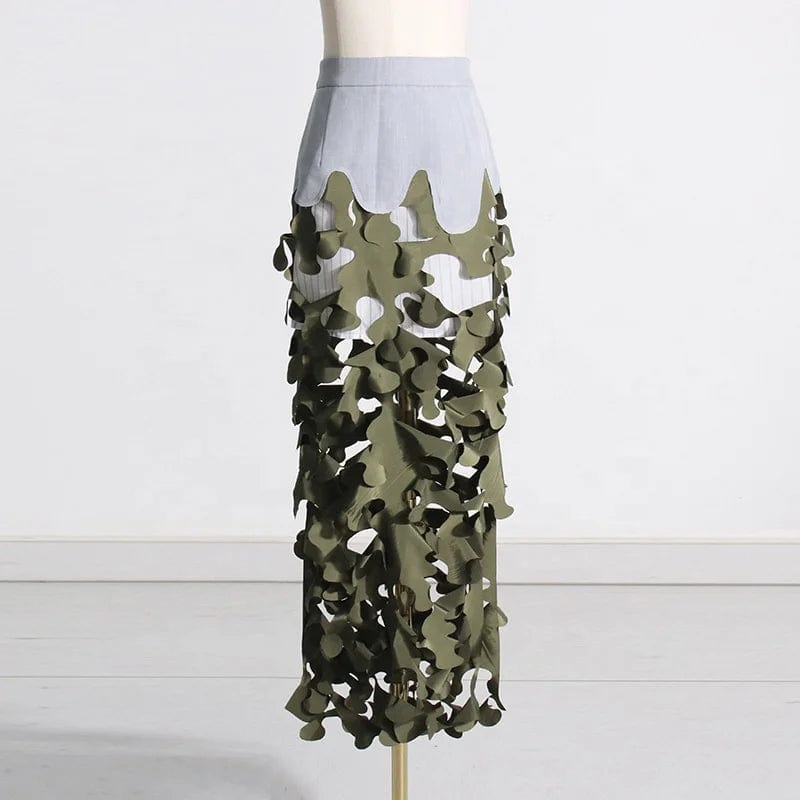 OUDINA 2024 New Streetwear Trend Army Green Irregular Hollow Patchwork Camo Women's Long Skirt