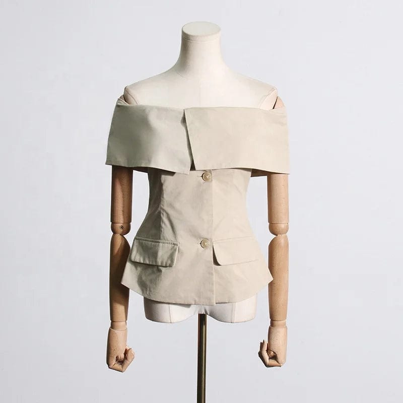 OUDINA 2024 New Style Fashionable Slim Fit Sleeveless One Shoulder Top Design Lapel Suit Waist Women Tops