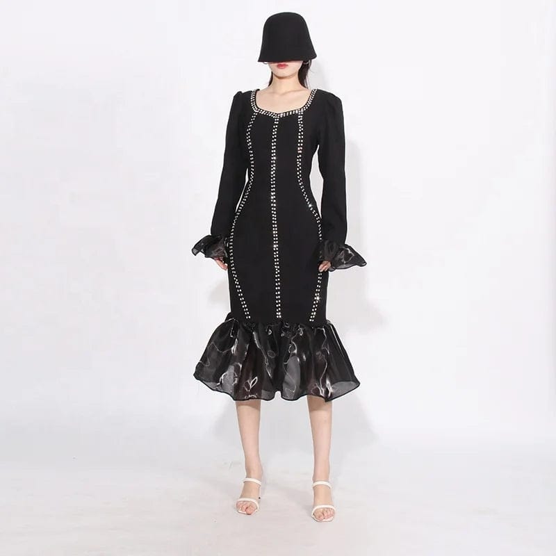 OUDINA 2024 New Style Fashionable Square Neck Diamond Design Fishtail Dress Fishtail Dress Ruffle Long Dresses Women