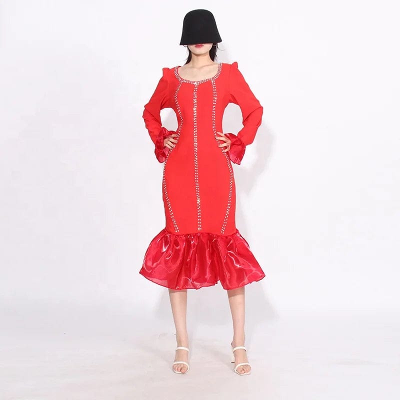 OUDINA 2024 New Style Fashionable Square Neck Diamond Design Fishtail Dress Fishtail Dress Ruffle Long Dresses Women