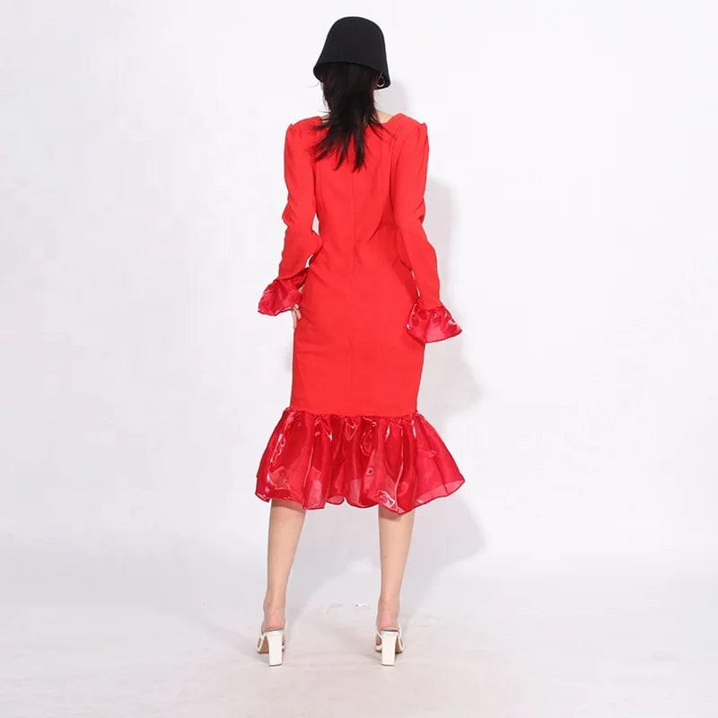 OUDINA 2024 New Style Fashionable Square Neck Diamond Design Fishtail Dress Fishtail Dress Ruffle Long Dresses Women