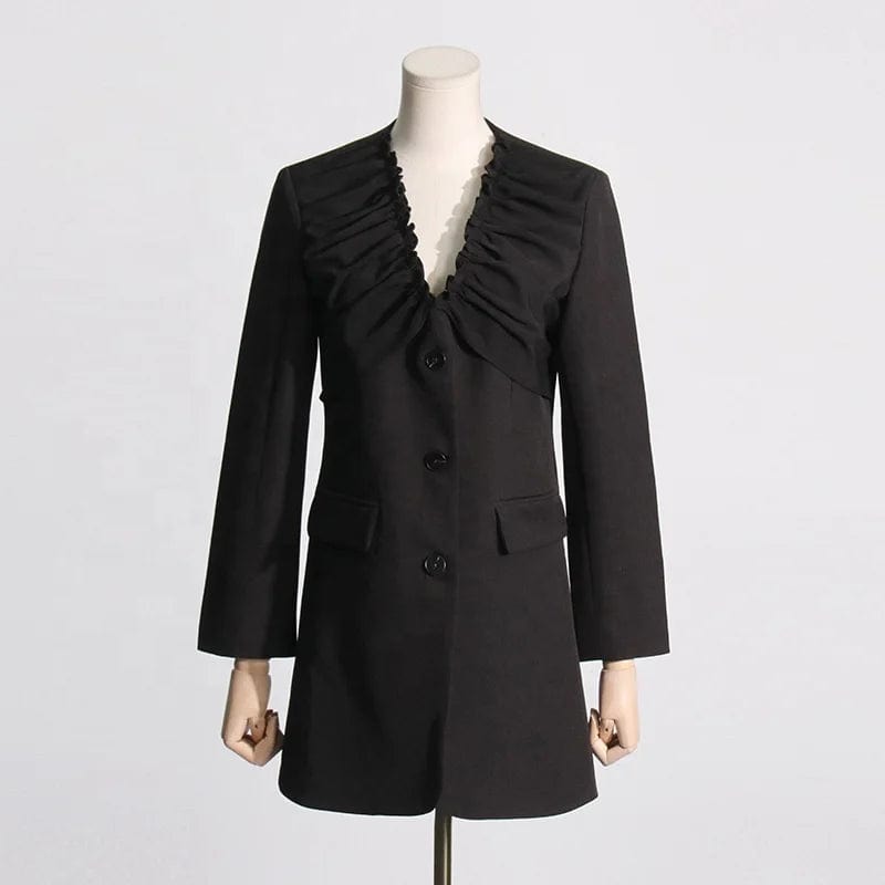 OUDINA 2024 New Style Pleated Blazers Ladies Women V-neck Waist Long Sleeve Temperament Casual Blazer De Mujer