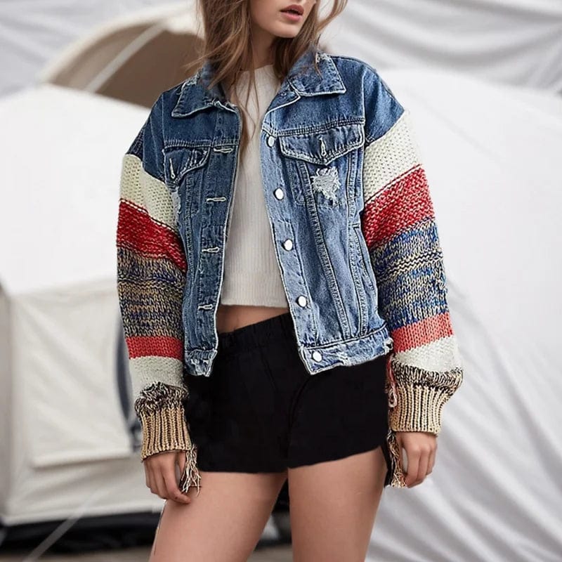 OUDINA 2024 New Style Street Trendy Contrasting Color Patchwork Knitted Sleeves Design Loose Denim Jacket Women