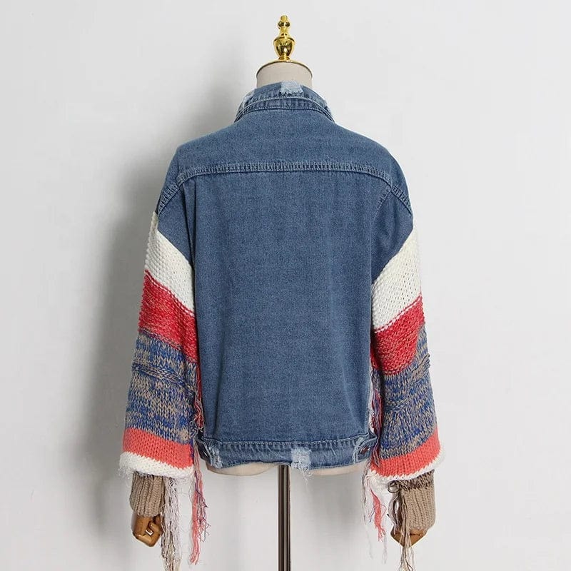OUDINA 2024 New Style Street Trendy Contrasting Color Patchwork Knitted Sleeves Design Loose Denim Jacket Women