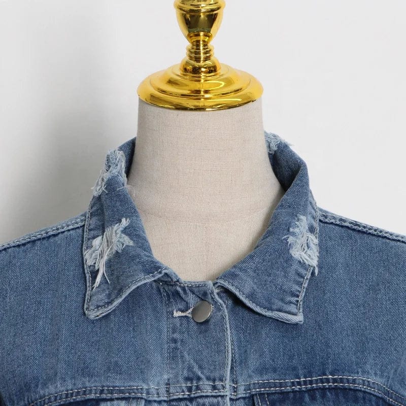 OUDINA 2024 New Style Street Trendy Contrasting Color Patchwork Knitted Sleeves Design Loose Denim Jacket Women