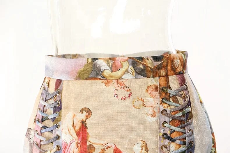 OUDINA 2024 New Style Stretch Vintage Printed Eyelet String Ladies Skirts Women Mini Skirt