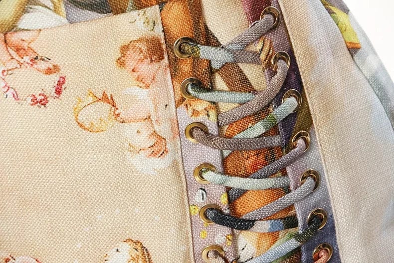 OUDINA 2024 New Style Stretch Vintage Printed Eyelet String Ladies Skirts Women Mini Skirt