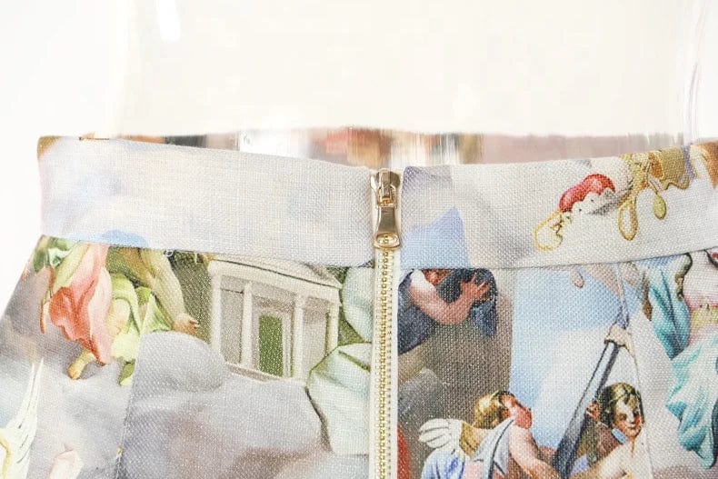 OUDINA 2024 New Style Stretch Vintage Printed Eyelet String Ladies Skirts Women Mini Skirt