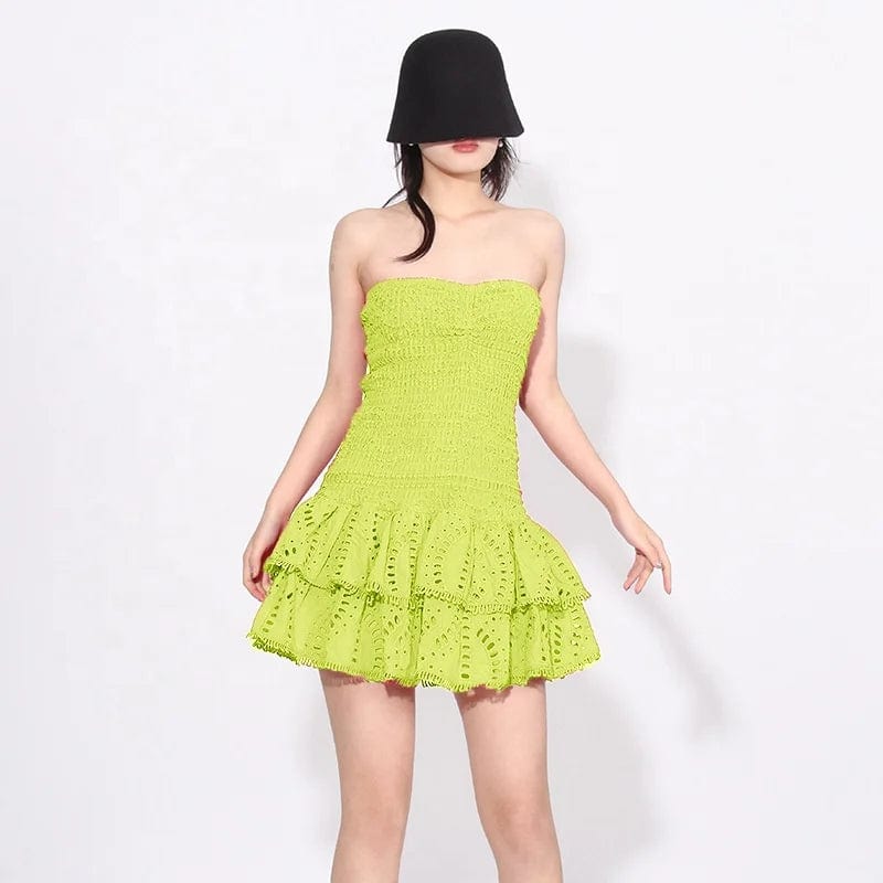 OUDINA 2024 New Summer Sweet Tube Dress Slimming Embroidered Hollow Ruffle Short Dress For Women