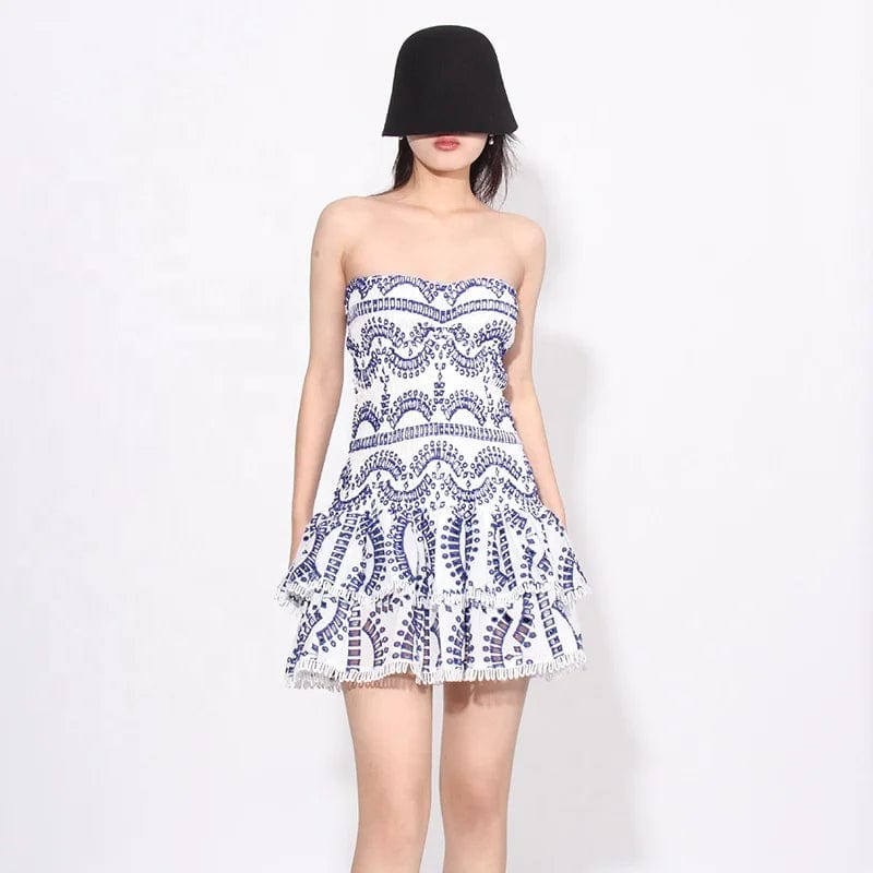 OUDINA 2024 New Summer Sweet Tube Dress Slimming Embroidered Hollow Ruffle Short Dress For Women