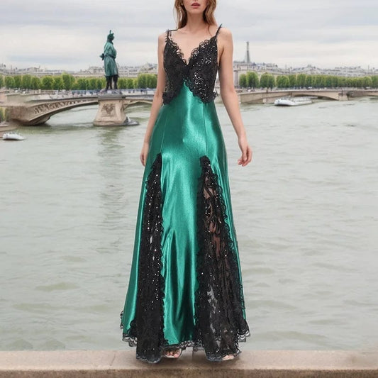 OUDINA 2024 New Suspender Dress Temperament Sexy Patchwork Slimming Satin Long Lace Evening Dress